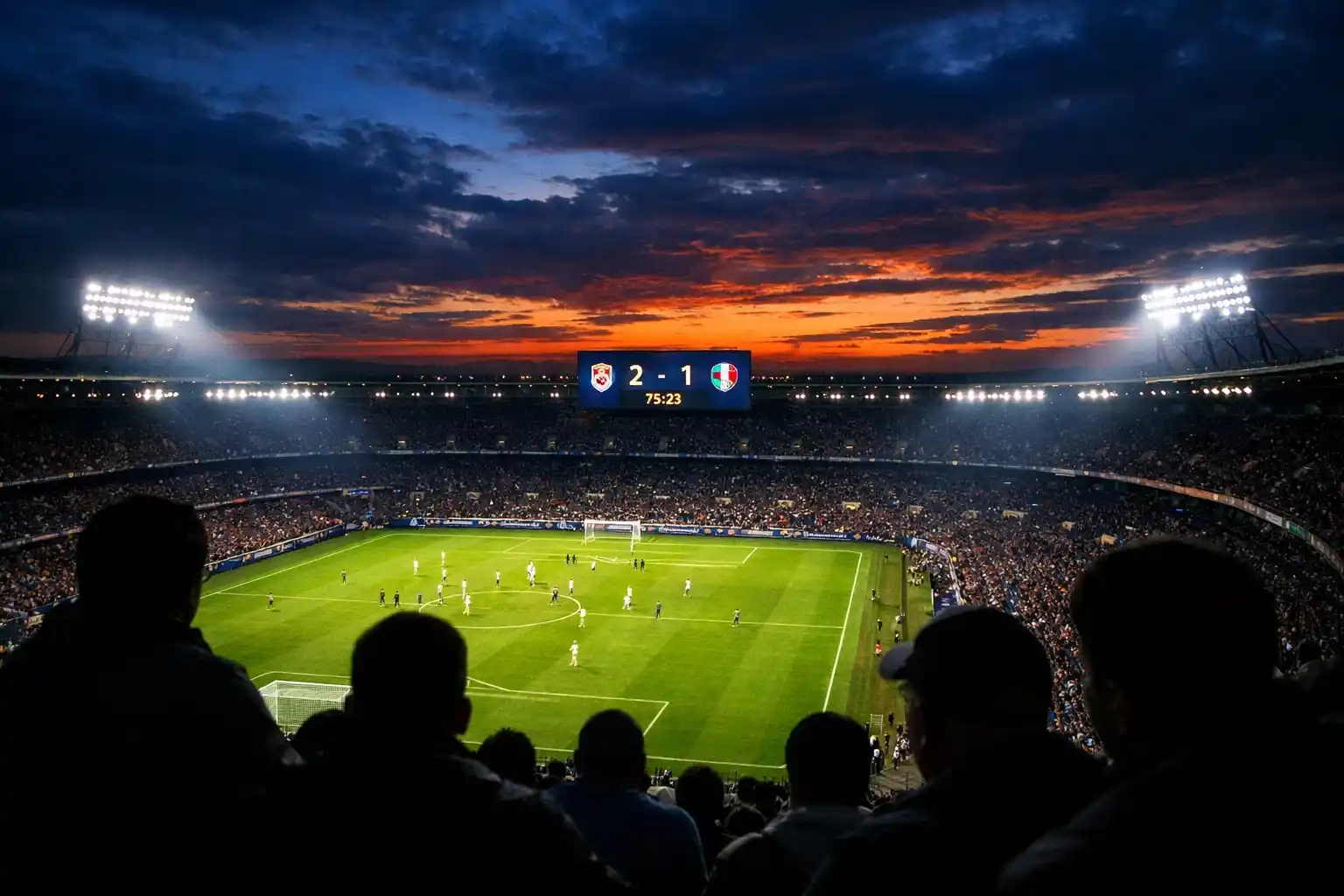 Voetbalstadion bij avondlicht met verlicht scorebord tijdens een wedstrijd