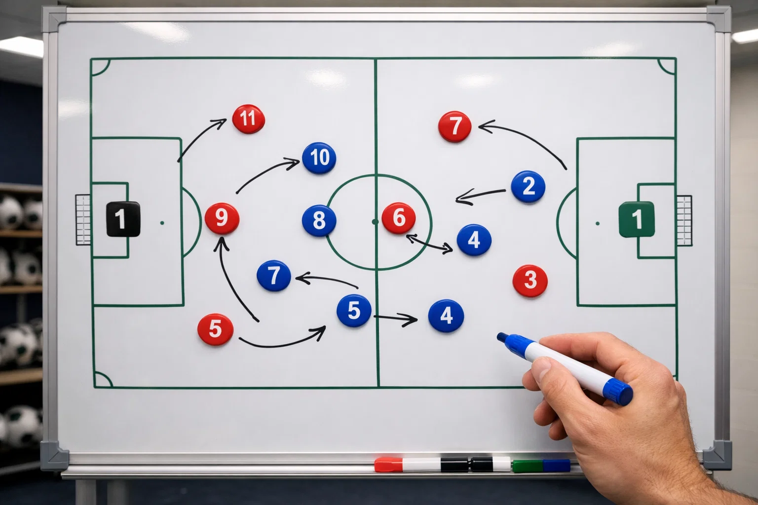 Tactisch bord met voetbalopstelling en handicaplijnen in een analysekamer