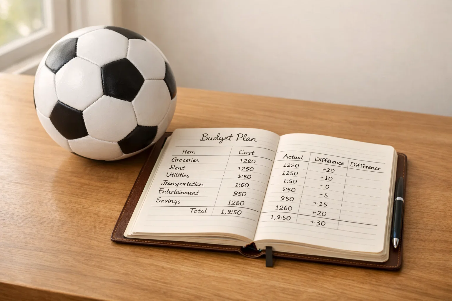 Overzichtelijk notitieboek met een bankroll-plan naast een voetbal op een bureau