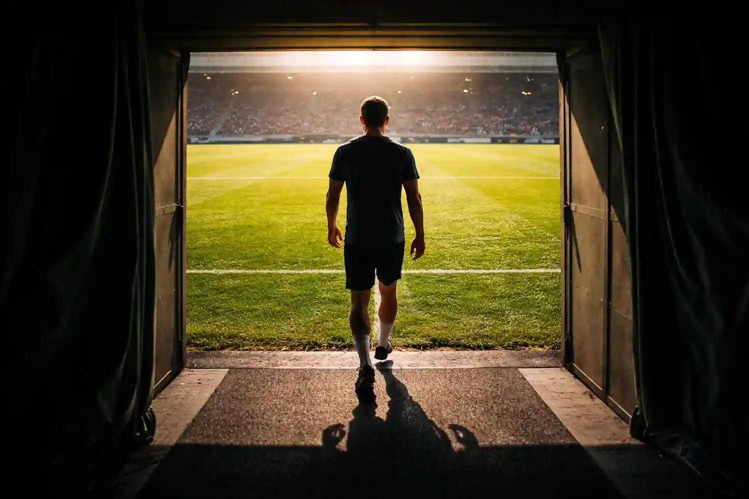 Persoon zet de eerste stap op een voetbalveld als metafoor voor beginnen met wedden