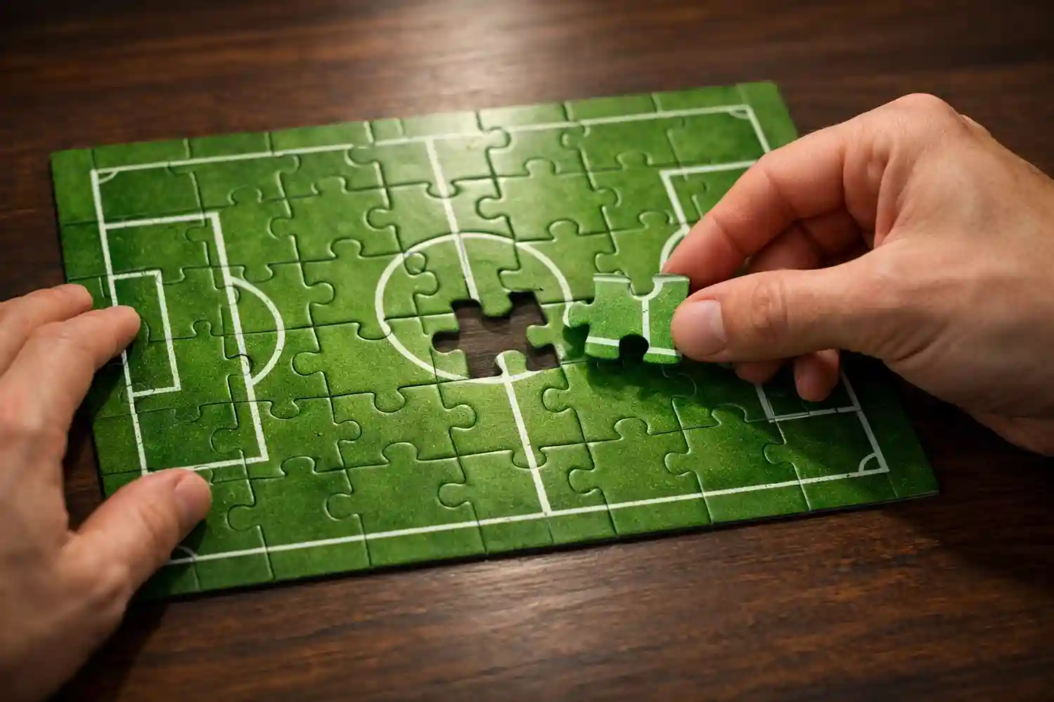 Handen die puzzelstukken samenvoegen boven een voetbalveld als metafoor voor Bet Builder