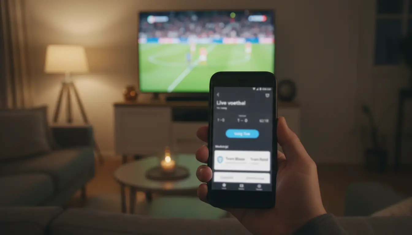 Smartphone met sport-app op het scherm in een woonkamer met een voetbalwedstrijd op televisie