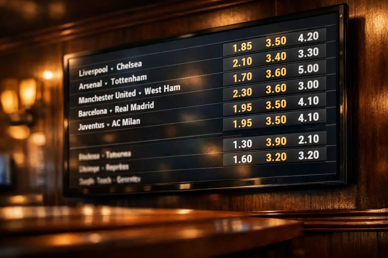 Scherm met voetbalwedstrijd-quoteringen in een sfeervol verlicht wedkantoor