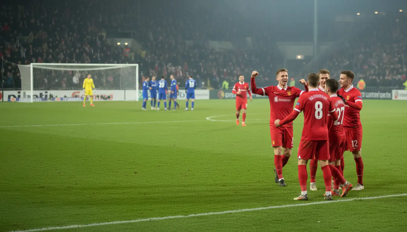 Twee voetbalteams juichen na doelpunten aan weerszijden van het veld