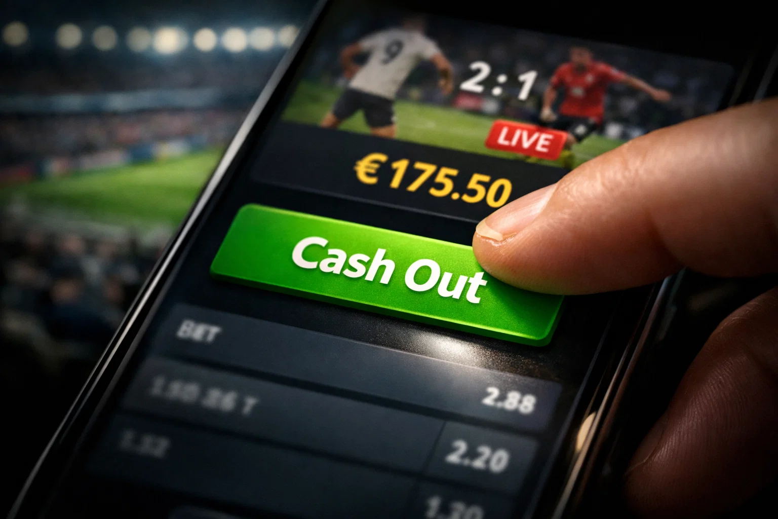 Vinger boven een groen cash-out-knop op een telefoonscherm bij een voetbalwedstrijd