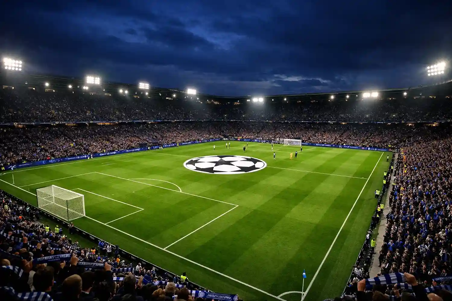 Verlicht Champions League-stadion bij avondwedstrijd met voetbalveld en volle tribunes