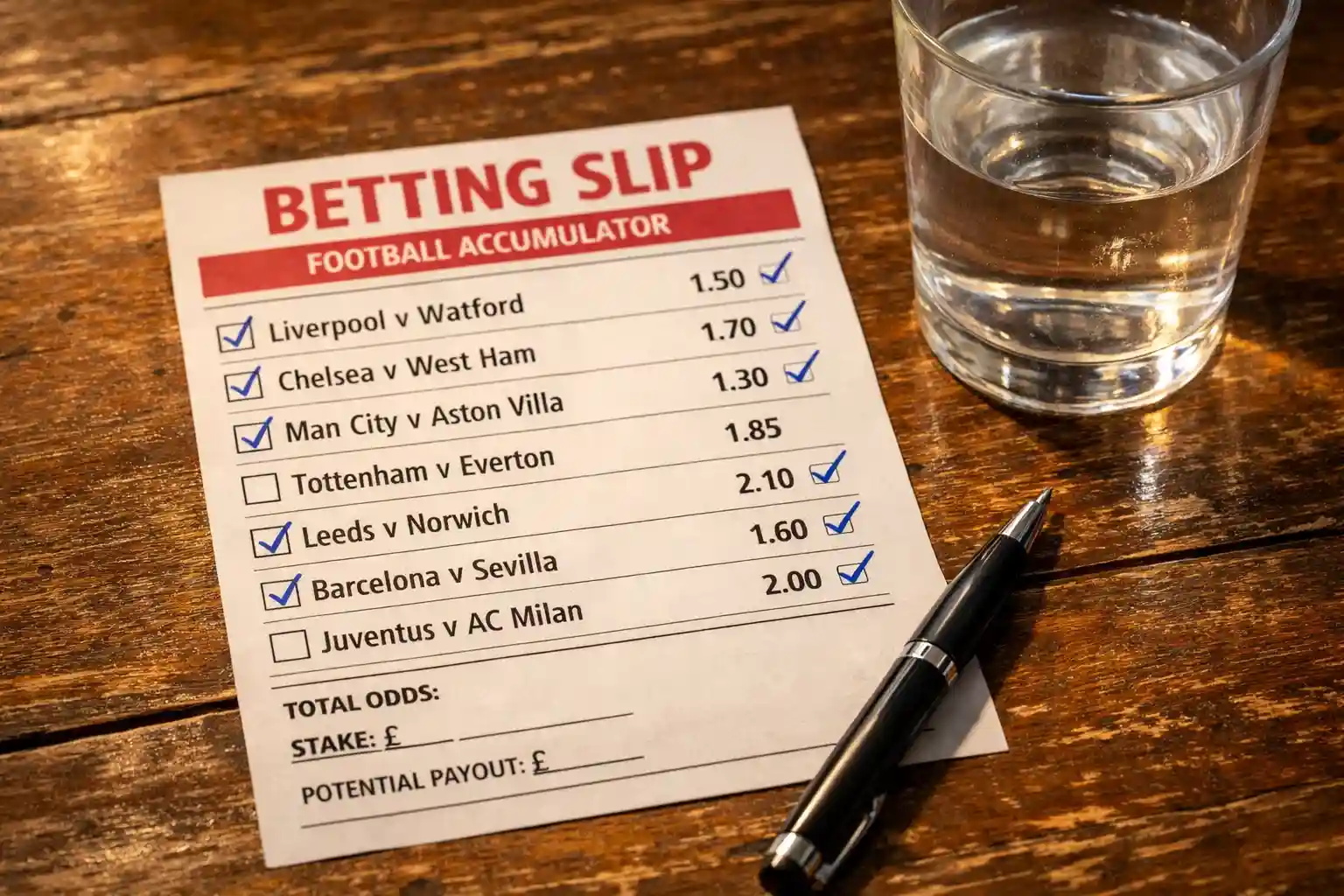 Wedformulier met meerdere voetbalwedstrijden aangekruist op een tafel