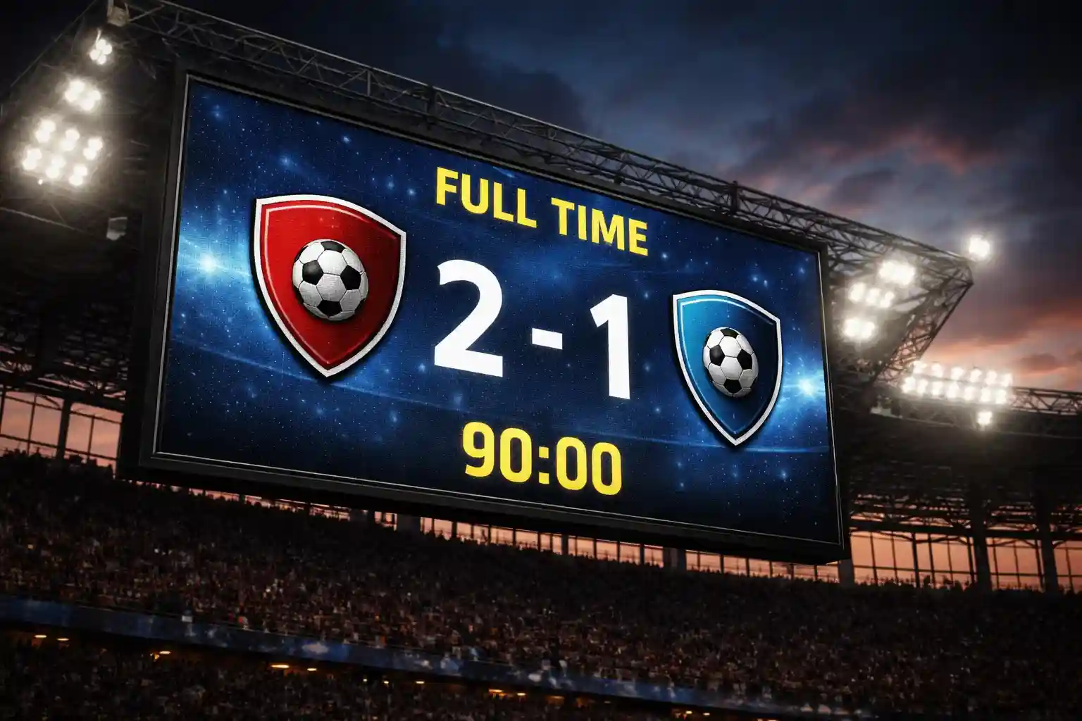 Scorebord in een voetbalstadion toont de eindstand van een wedstrijd