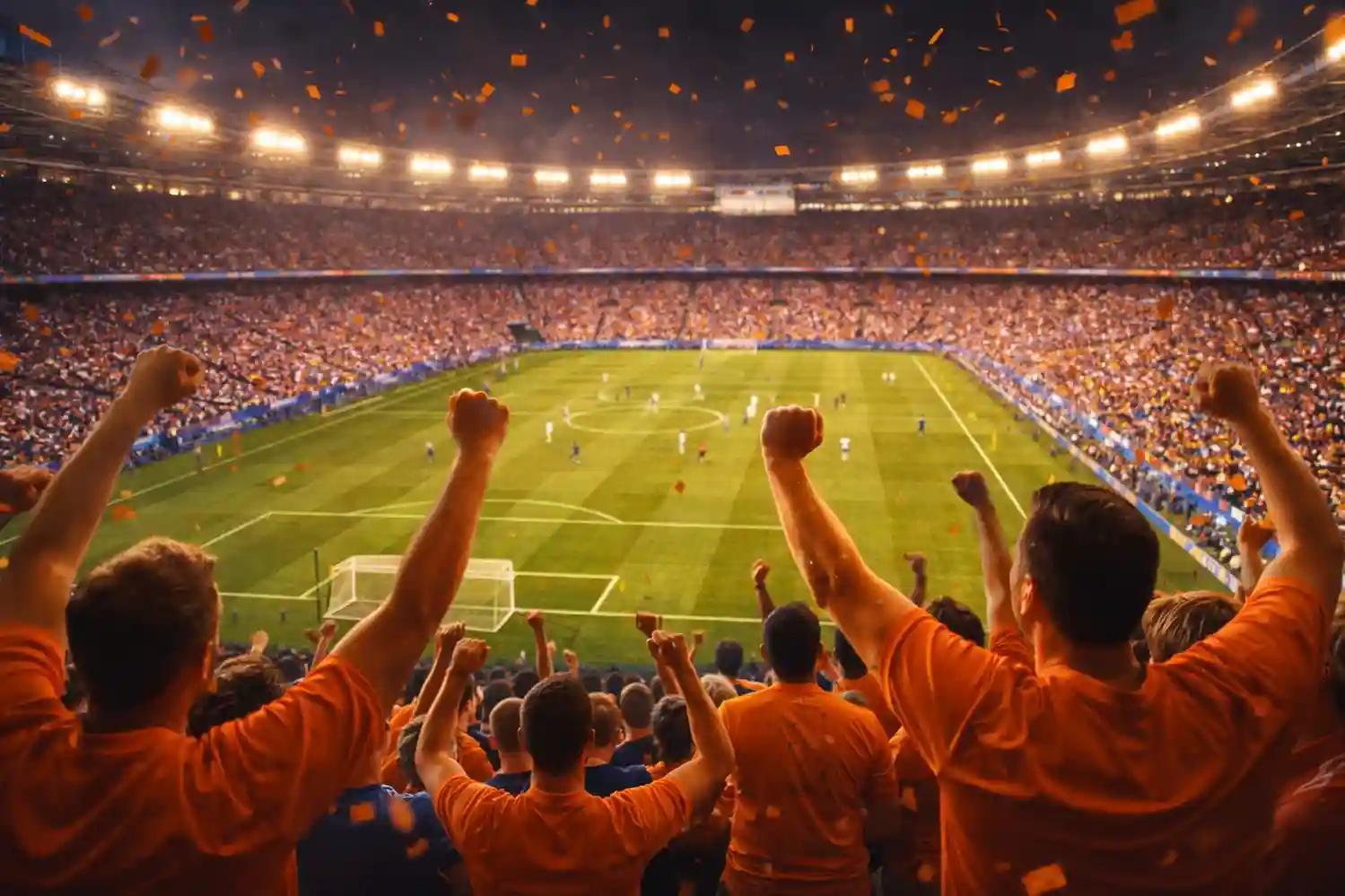 Voetbalfans in oranje shirts juichen in een EK-stadion met verlicht groen speelveld