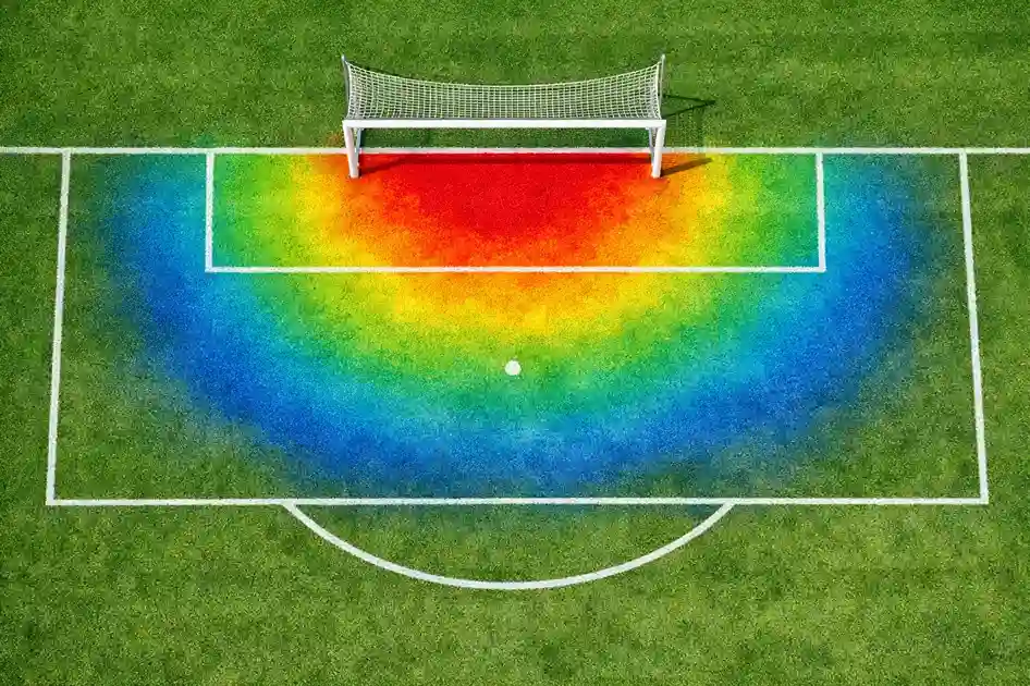 Voetbalveld van bovenaf met gemarkeerde schotkansen en xG-zones