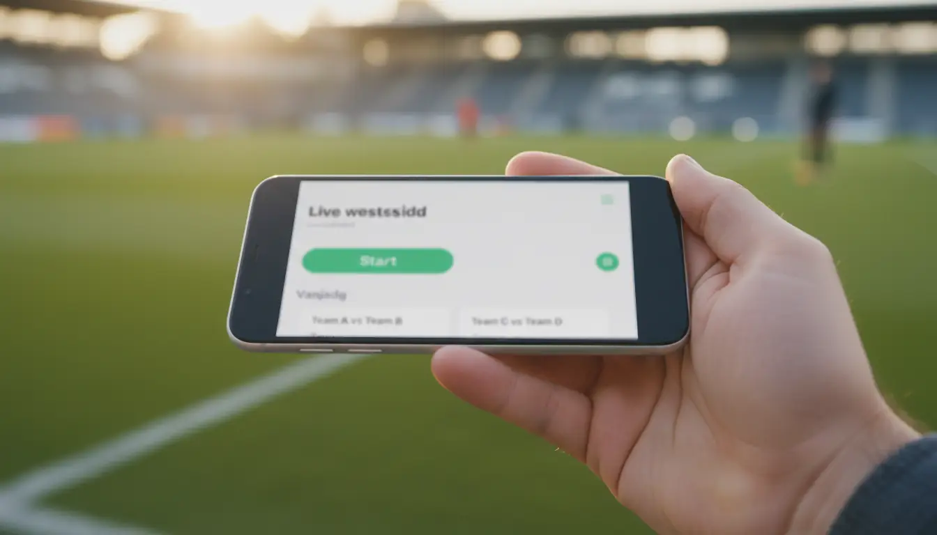 Hand die een smartphone vasthoudt boven een voetbalveld met wedstrijdinformatie op het scherm