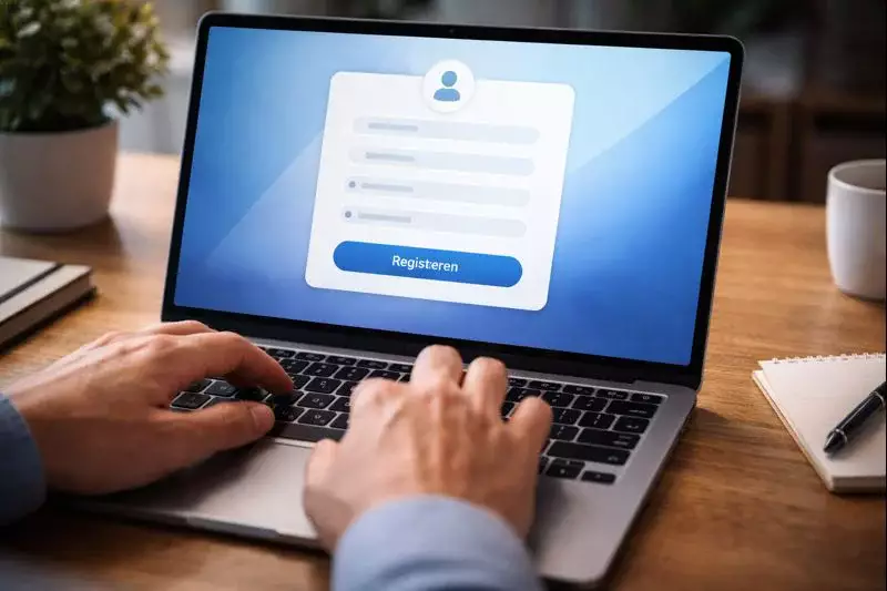 Handen typen op een toetsenbord bij registratieproces