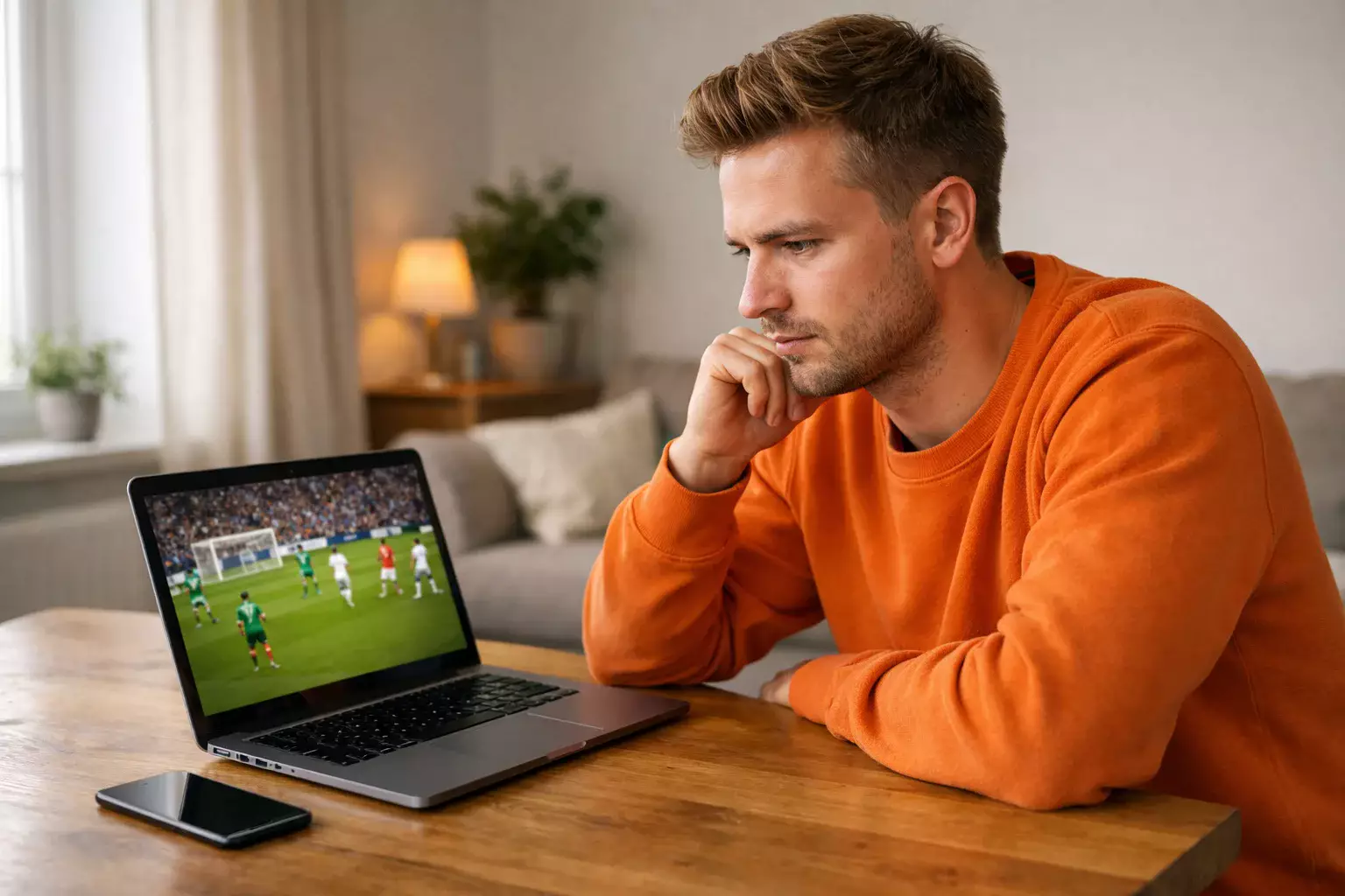 Persoon bekijkt voetbalwedstrijden op een laptop