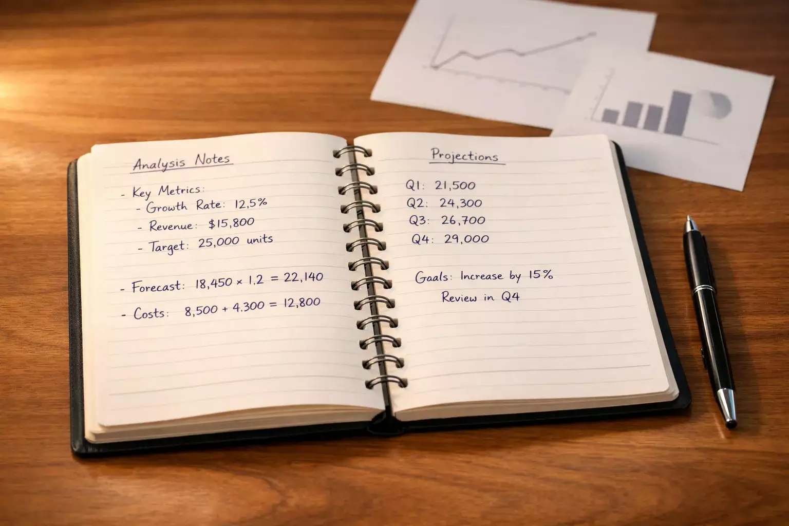 Notitieboekje met handgeschreven aantekeningen en pen