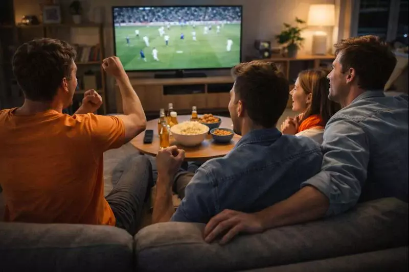 Groep vrienden kijkt samen naar voetbal op televisie