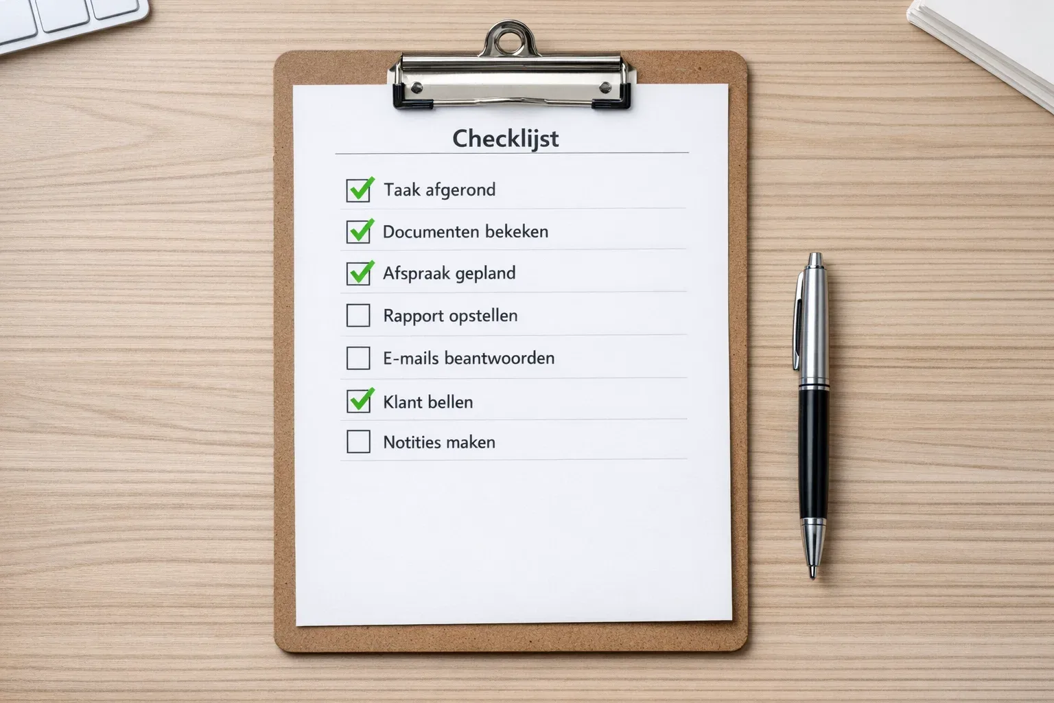 Checklist op papier met groene vinkjes