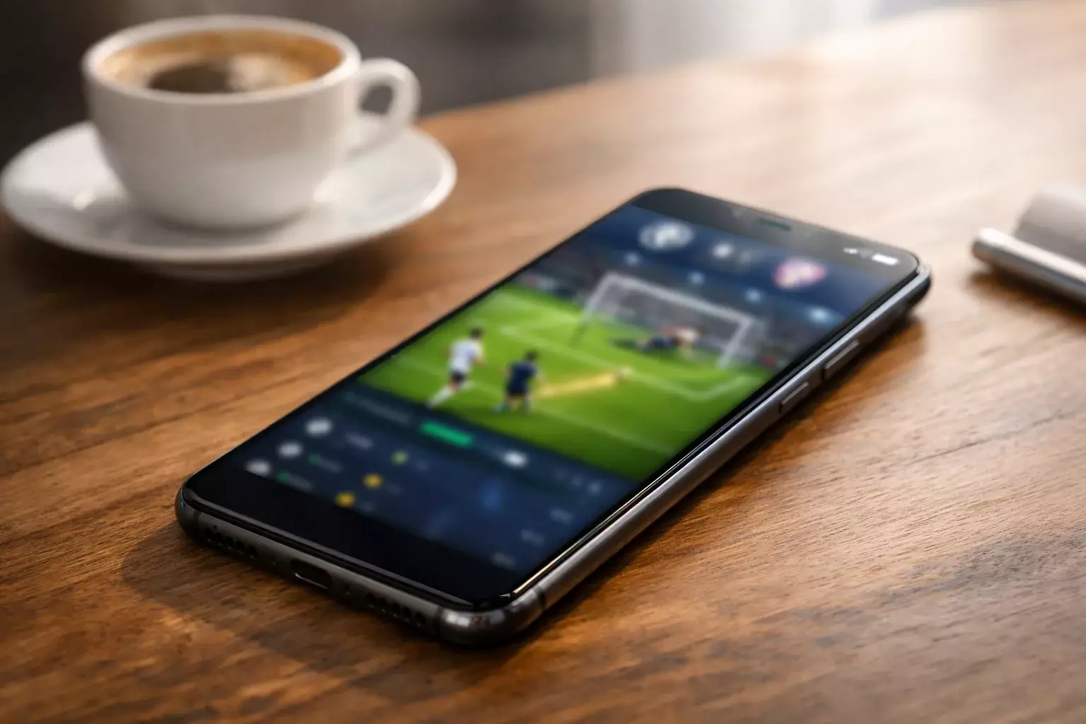 Moderne smartphone met sportapp op houten tafel