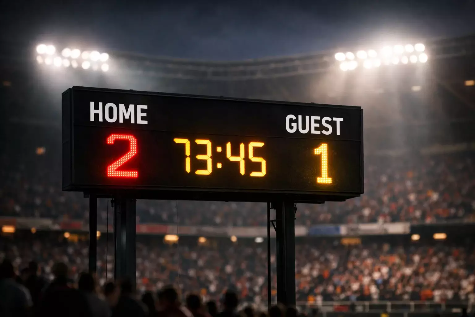 Scorebord in voetbalstadion met cijfers