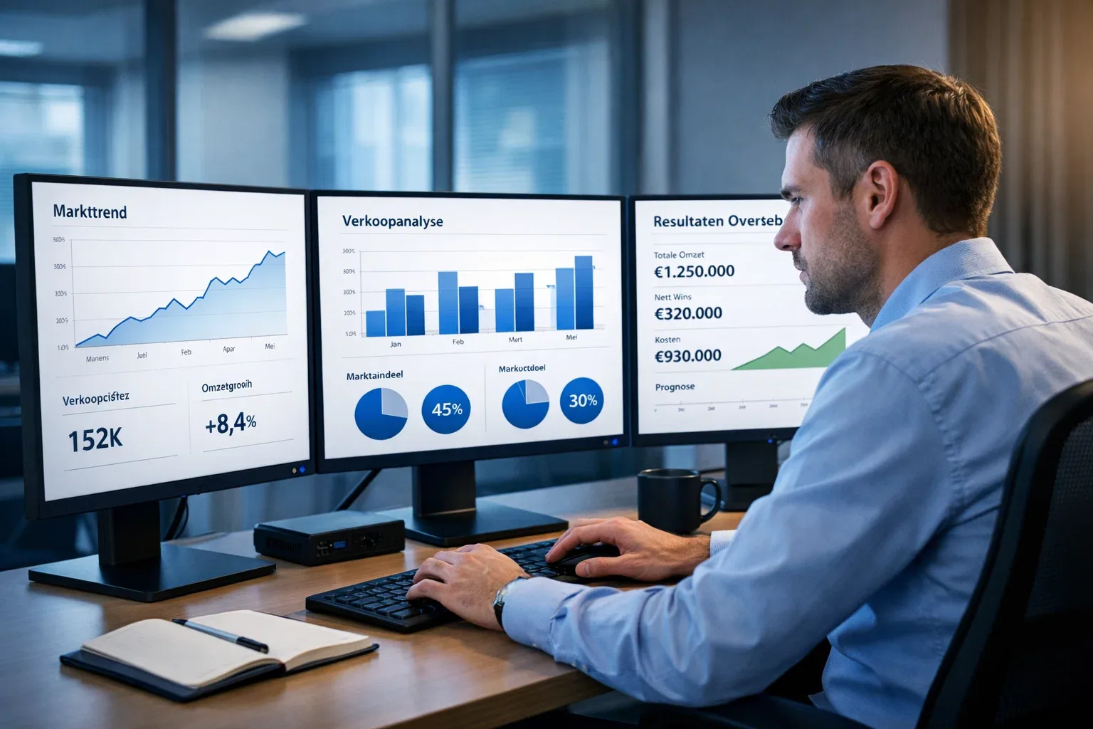 Analist werkt achter meerdere computerschermen