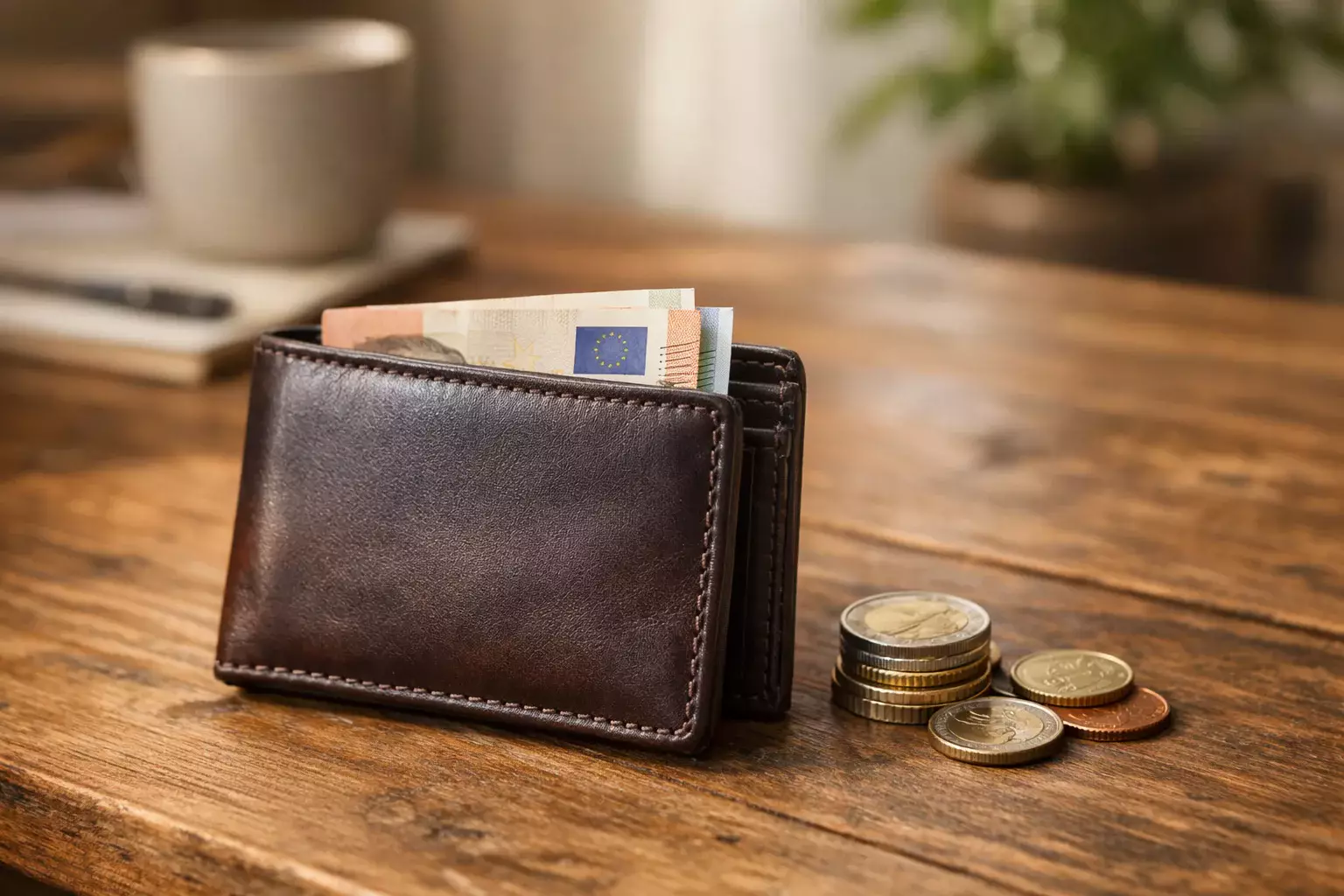 Portemonnee met eurobiljet en munten op tafel