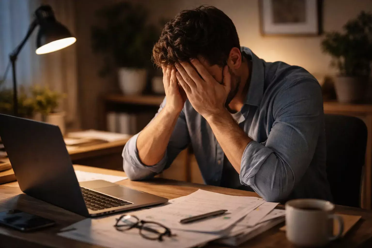 Persoon houdt hoofd in handen bij bureau