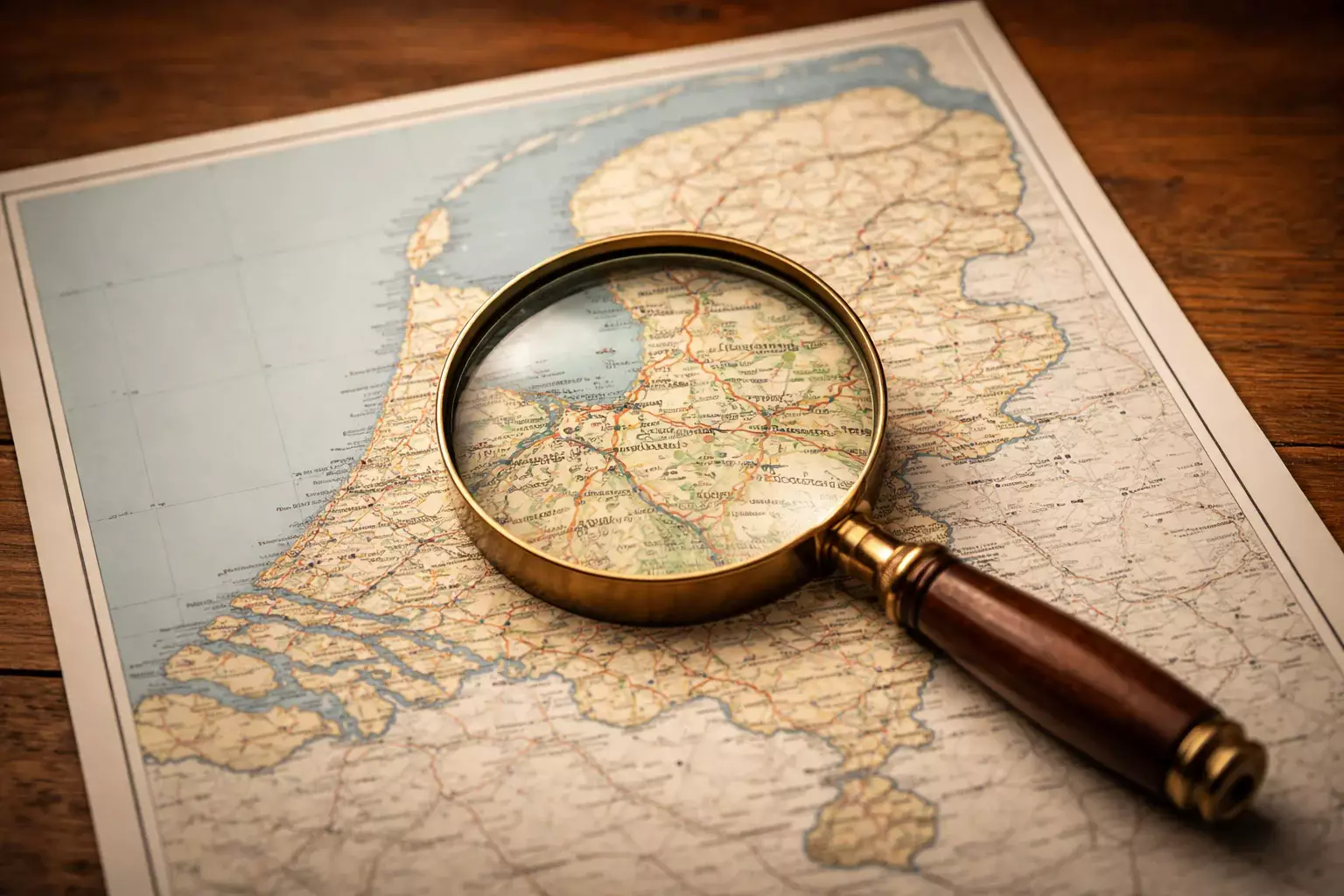 Vergrootglas boven landkaart van Nederland