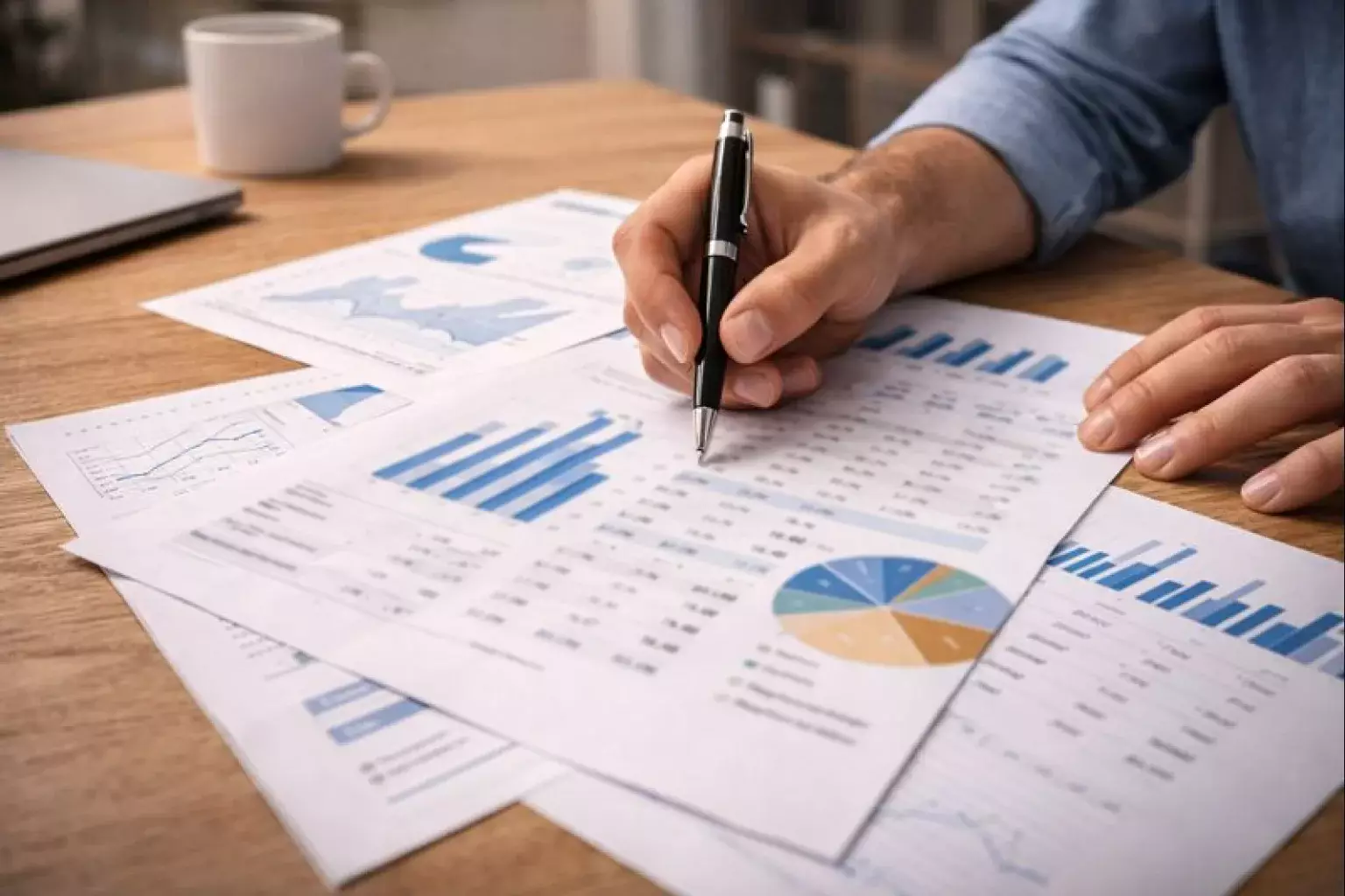 Persoon analyseert grafieken op papier