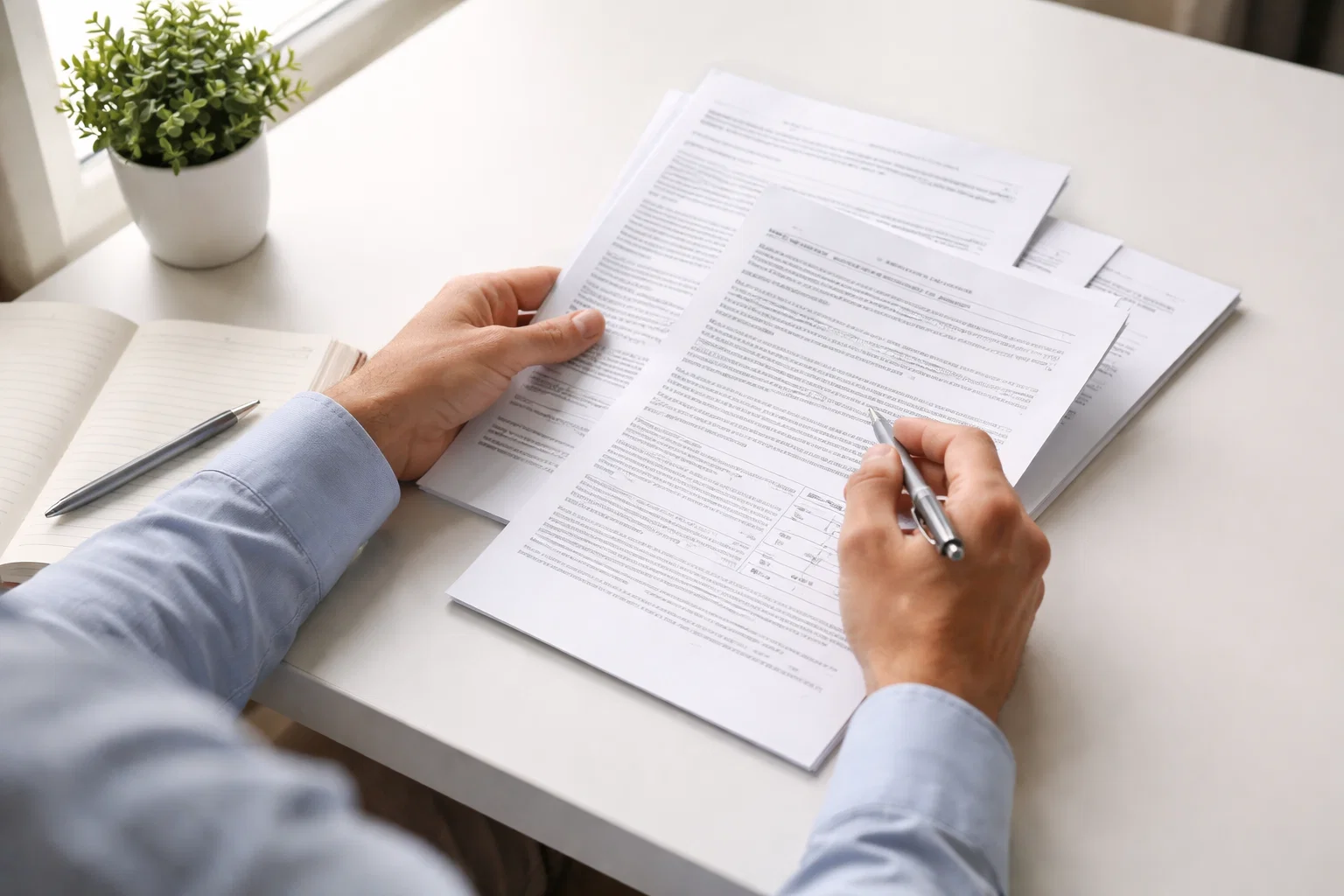 Persoon bekijkt belastingdocumenten aan een bureau met een pen en notitieboek