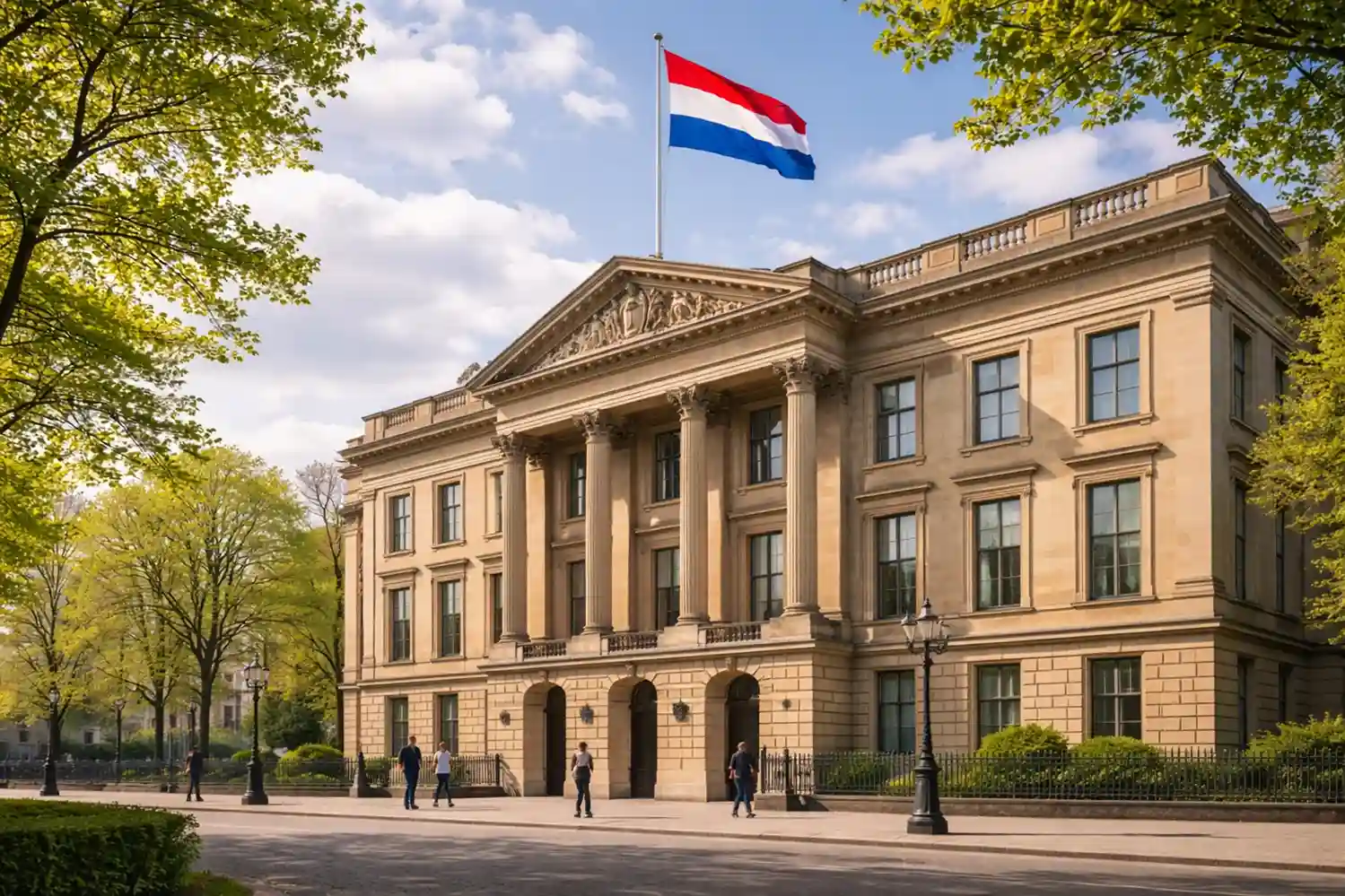 Officieel Nederlands overheidsgebouw met Nederlandse vlag als symbool voor kansspelregulering