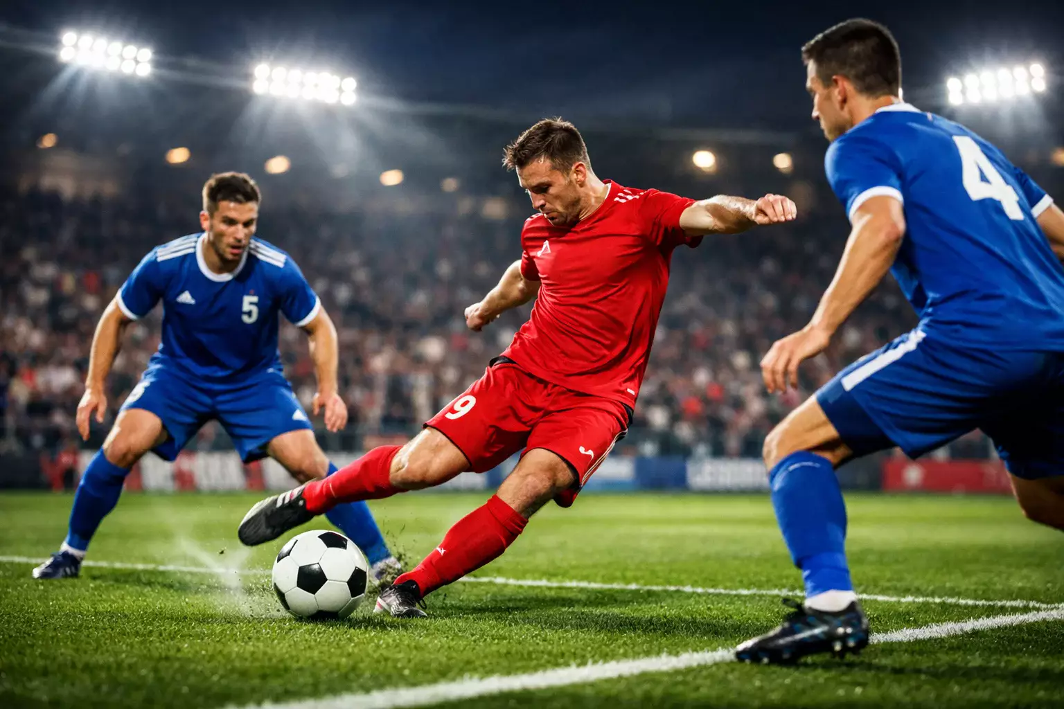 Voetbalwedstrijd in actie met supporters die meeleven in het stadion