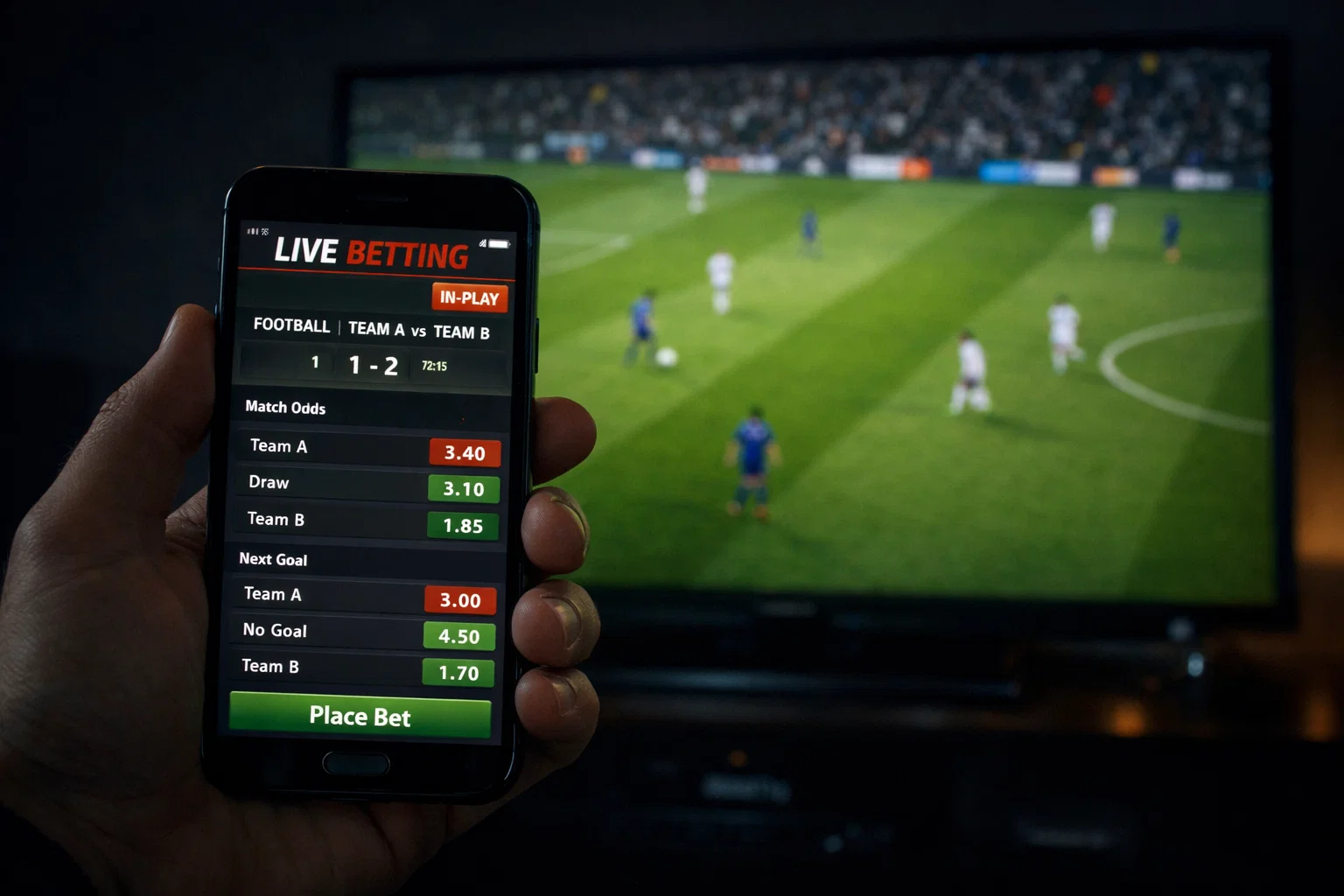 Smartphone met live wedden-scherm voor een televisie met voetbalwedstrijd