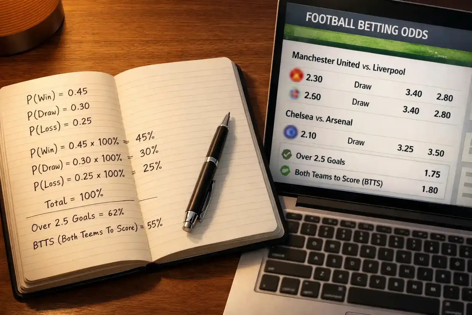 Notitieboek met handgeschreven kansberekeningen naast een laptop met voetbalodds