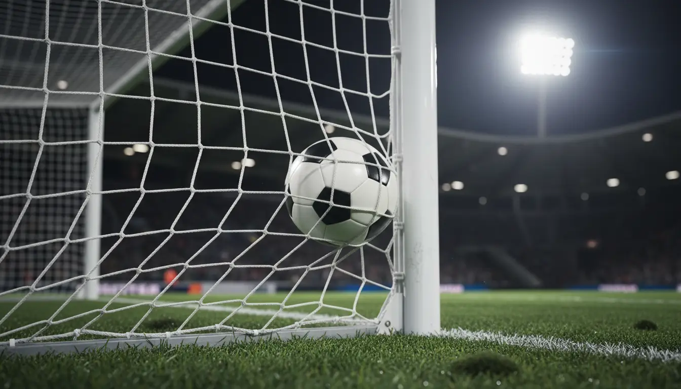 Voetbal die het net raakt bij een doelpunt in een verlicht stadion