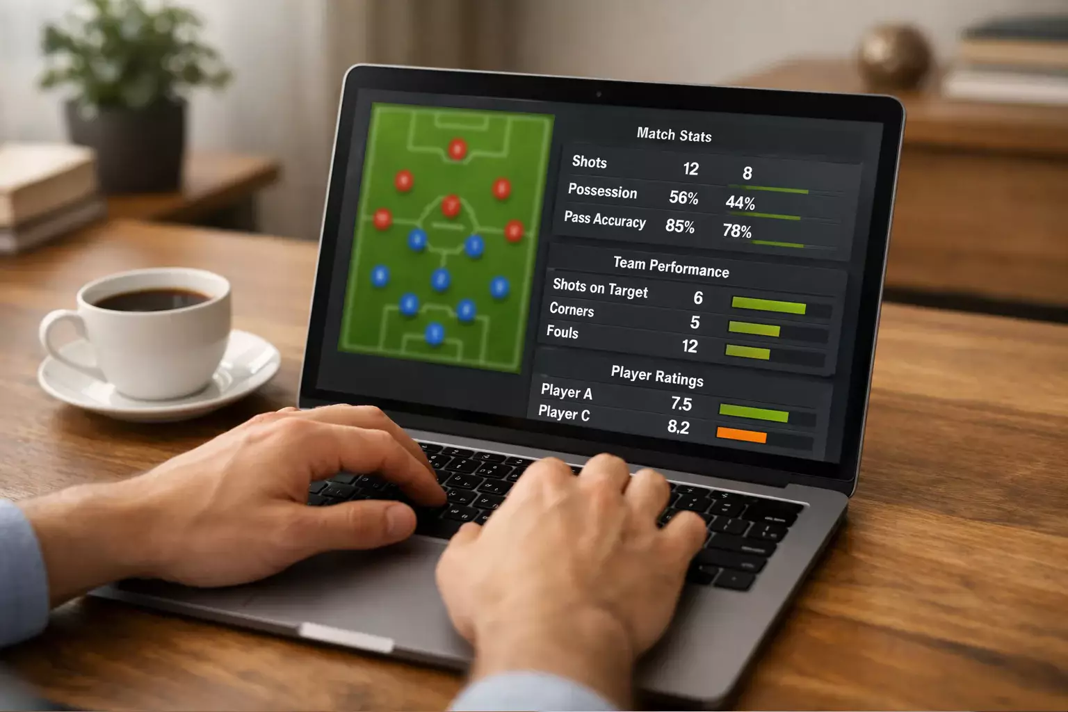 Persoon analyseert voetbalstatistieken op een laptop met wedstrijdgegevens