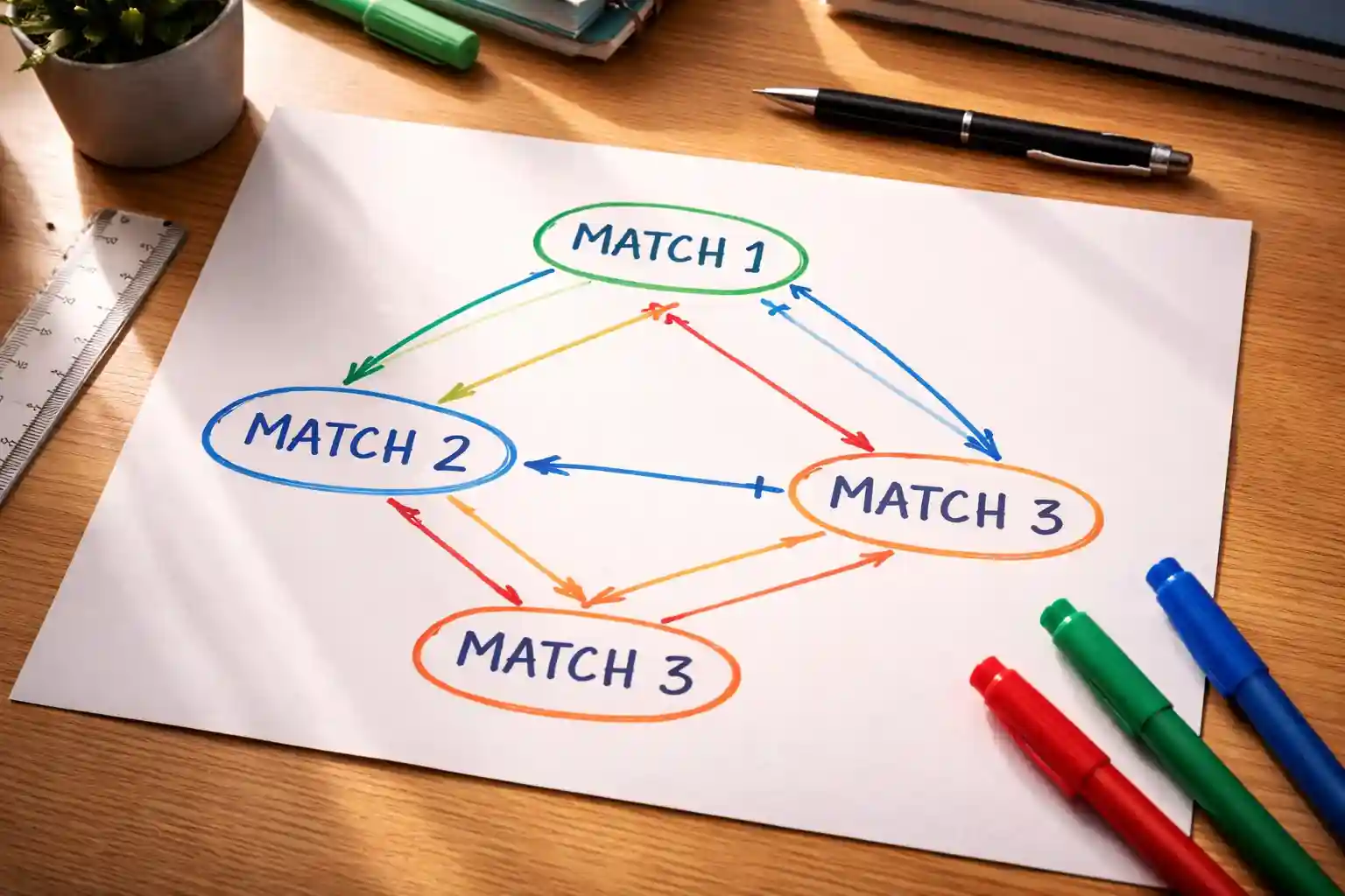 Schematische tekening van combinatielijnen tussen voetbalwedstrijden op papier