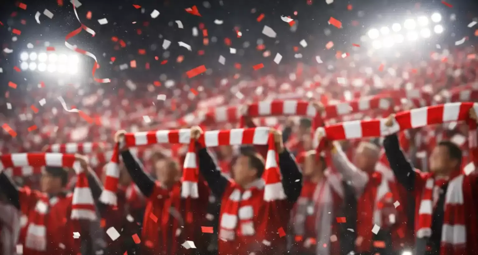 Enthousiast thuispubliek in een voetbalstadion dat het team aanmoedigt met sjaals en vlaggen