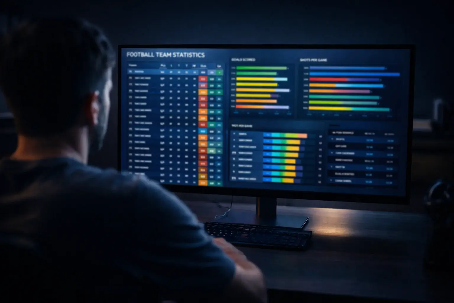Geconcentreerde persoon analyseert voetbalstatistieken op een groot scherm