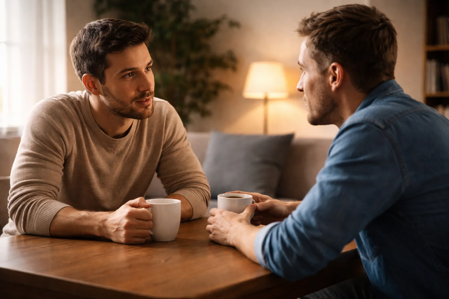 Twee mensen in een rustig gesprek aan een tafel als symbool voor hulp bij gokproblemen