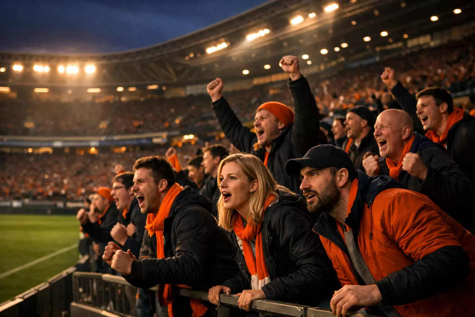 Voetbalfans kijken een wedstrijd in een stadion met spanning en emotie
