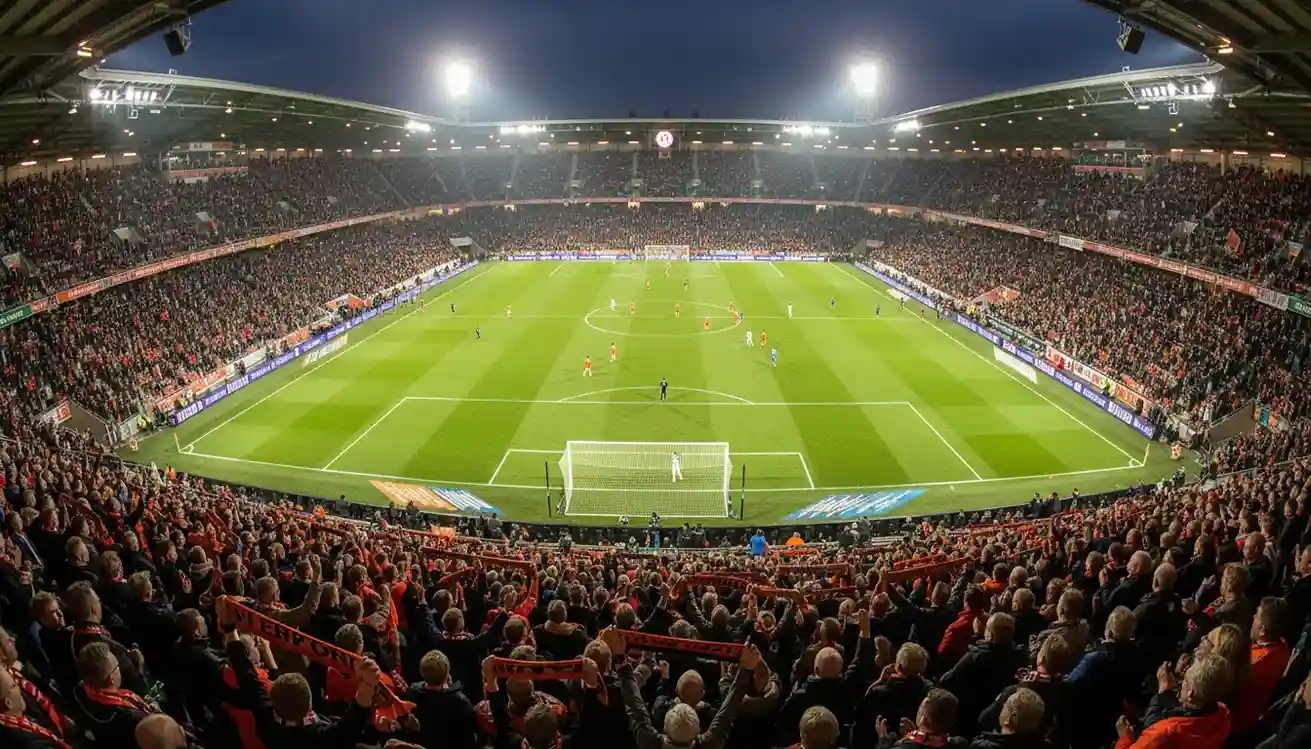 Nederlands voetbalstadion met fel verlicht veld tijdens een Eredivisie-wedstrijd