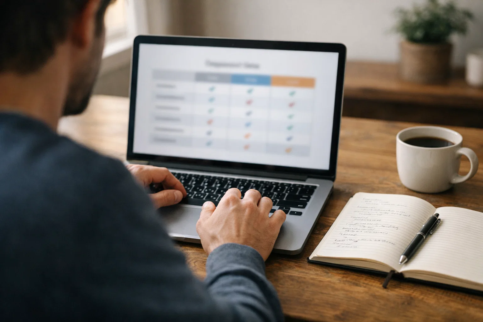 Persoon vergelijkt bookmaker-aanbiedingen op laptop achter een bureau met notitieblok