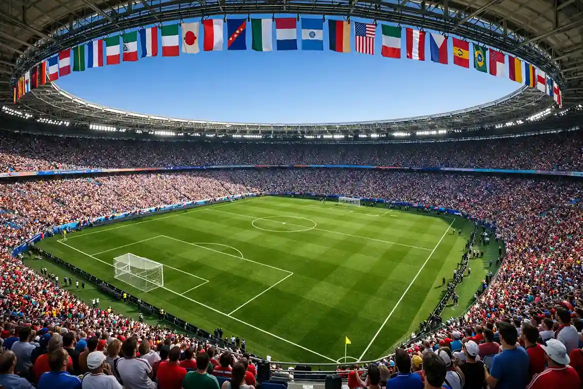 Groot internationaal voetbalstadion met nationale vlaggen en groen voetbalveld tijdens WK-wedstrijd